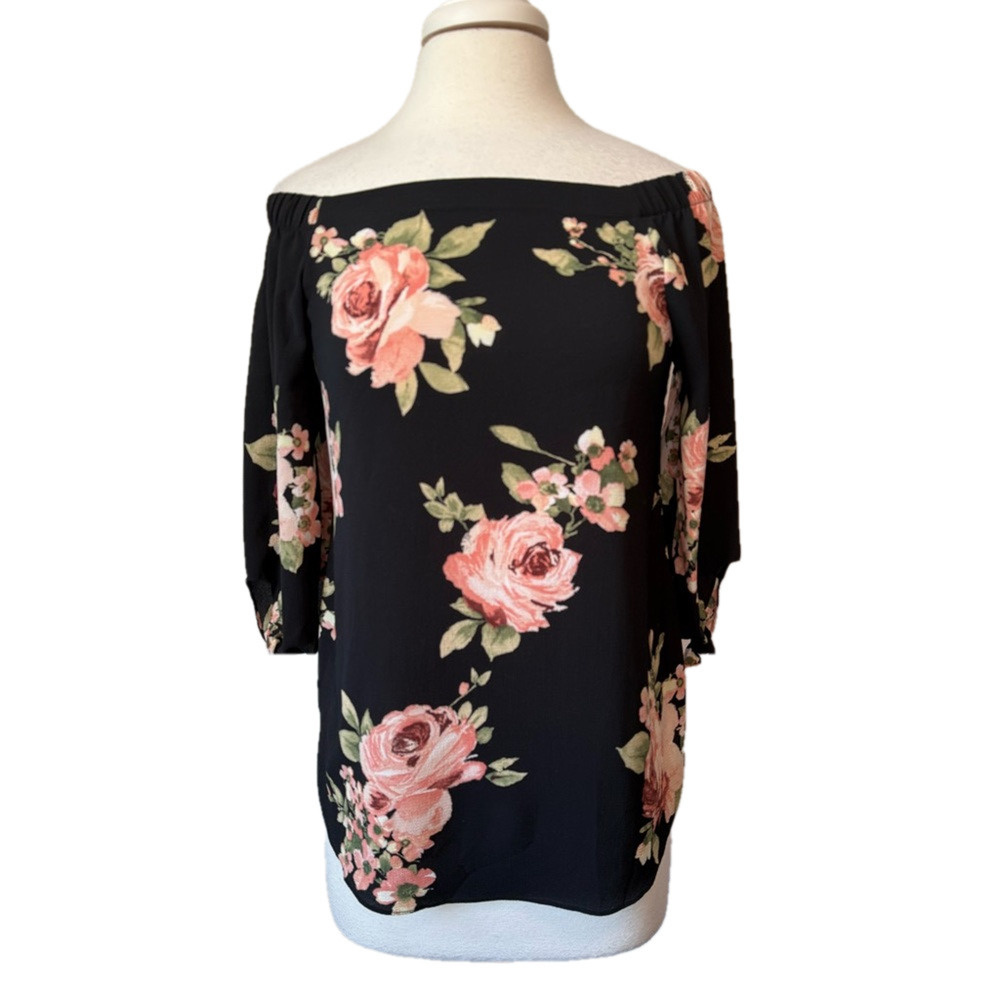 Status By Chenault Women's S Whimsigoth‎ Floral Off Shoulder 3/4 Sleeve Blouse